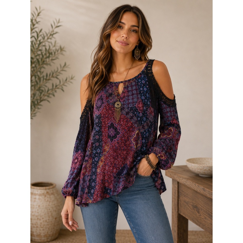 Bila Cold Shoulder‎ Boho Top Womens Medium Patchwork Print Crochet